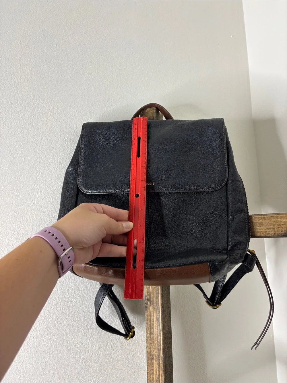 Fossil Black Leather Backpack and Wallet Set with Brown Accent